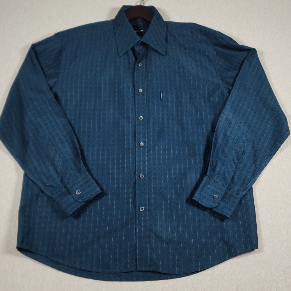 Textured Vertical Stripe Y2K Dark Teal Button Down Shirt Polynosic Blend Mens L